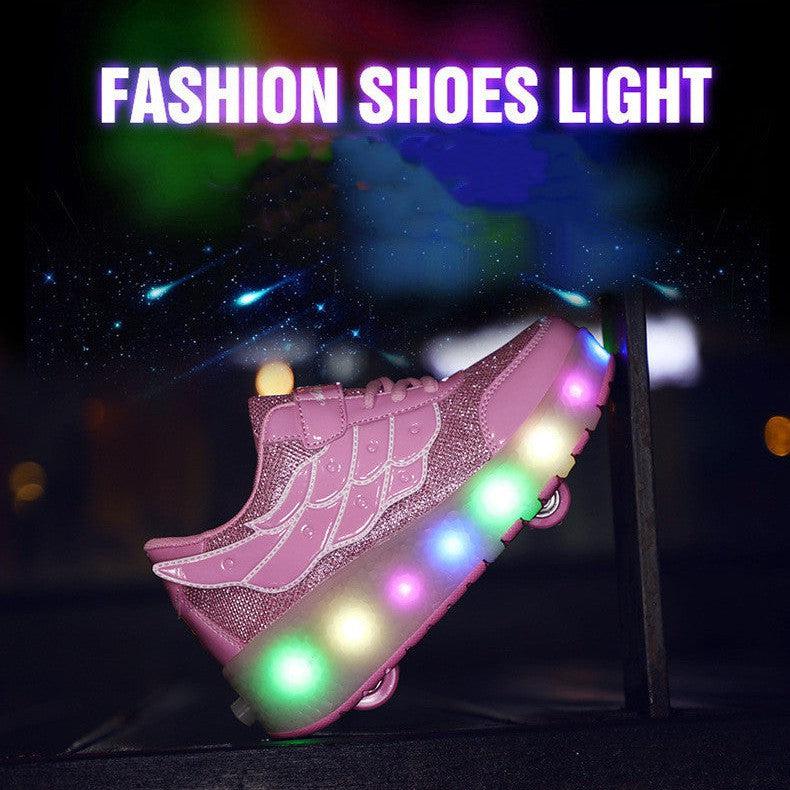 Flying Wings Led Roller Shoes For Kids - Silver, Pink | Kids Led Light Roller Wheel Shoes