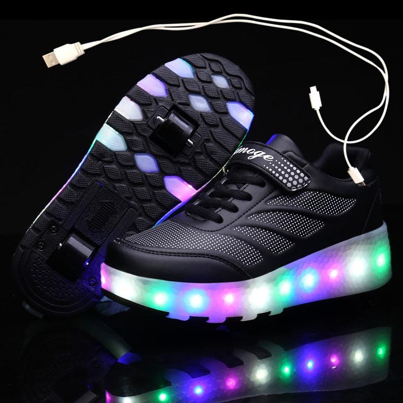 Black Pink Led Roller Shoes Black  |  Kids Led Light Roller Heel Wheel Shoes  | Usb Rechargeable Shoes For Girls & Boys