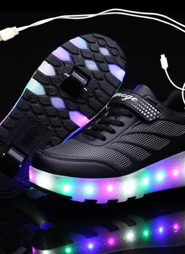 Black Pink Led Roller Shoes Black  |  Kids Led Light Roller Heel Wheel Shoes  | Usb Rechargeable Shoes For Girls & Boys