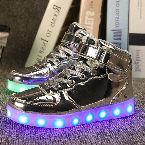 Led Sneakers Shiny Silver 7 Led Light Colors  | Dancing Led Light Shoes  | Kids Led Light Shoes  | Led Light Shoes For Men  | Led Light Shoes For Women | ledlegs.