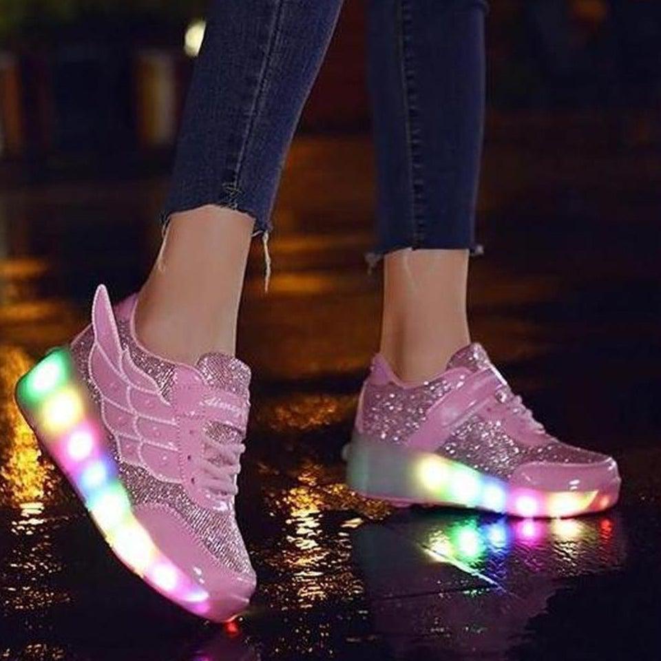 Pink Light Up Led Roller Shoes For Kids - Pink Wings | Kids Led Light Roller Wheel Shoes | ledlegs.