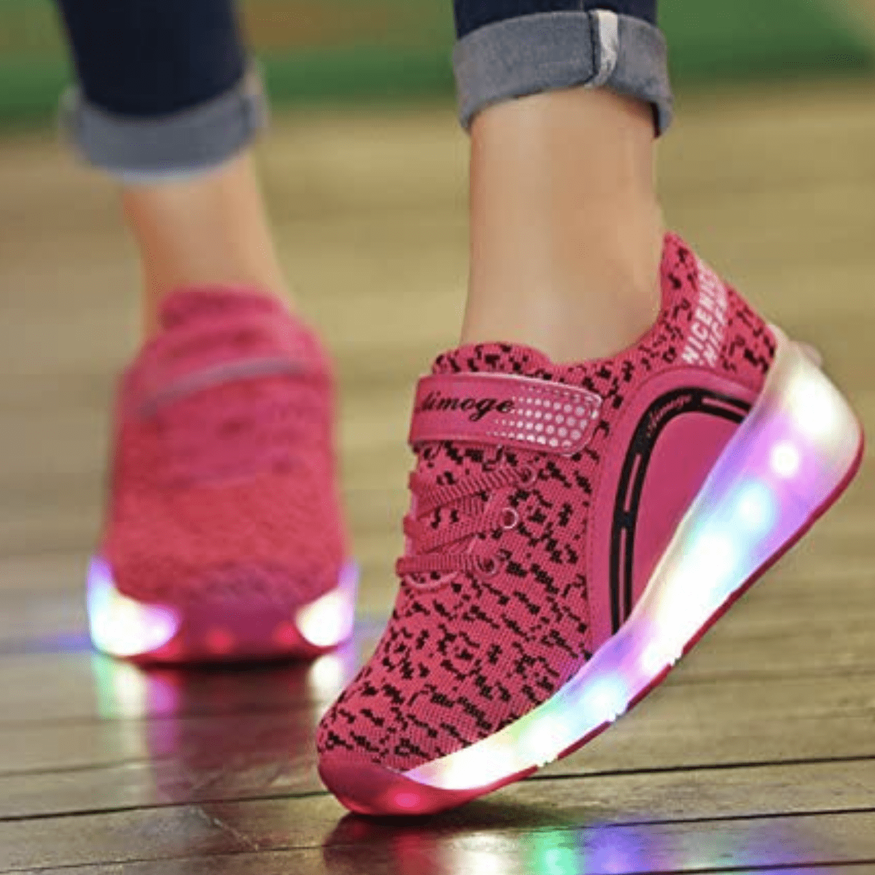 Black Blue Pink Spotted Led Shoes With Roller Wheels | Rechargeable Led Wheel Heely Shoes